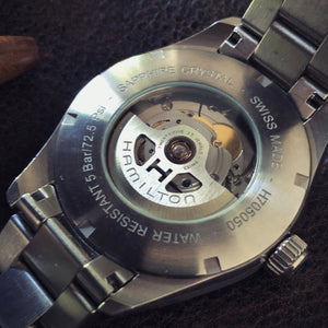Hamilton H705050 Khaki Field Day Date Auto w box and papers Time Grooves