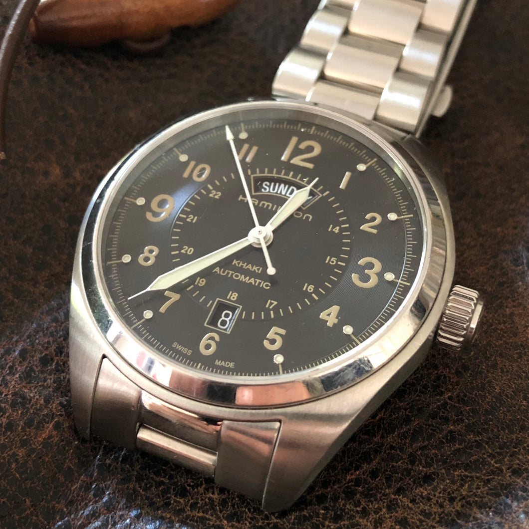 Hamilton H705050 Khaki Field Day Date Auto w/ box and papers